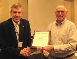 AFS Past President John Boreman presents Dr. Rich Noble with the AFS Golden Membership Award for 50 years of consecutive membership. NCAFS 25th Annual Meeting, February 2014.
