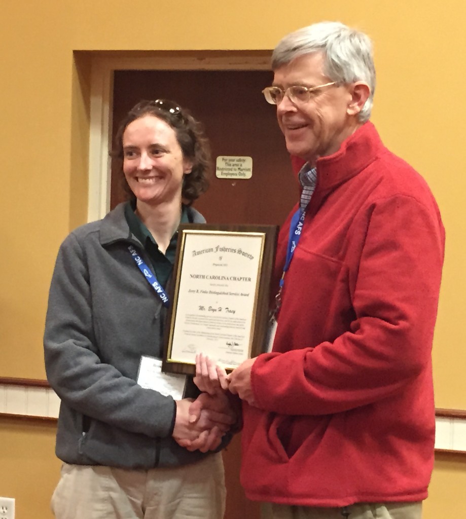 Mr. Bryn Tracy, the 2015 Jerry R. Finke Memorial Distinguished Service Award Recipient receiving his award from Ms. Brena Jones, NCAFS Chapter President.