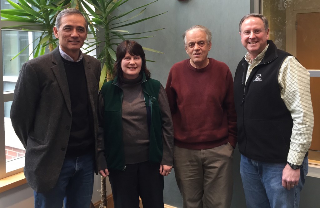 Pictured (L-R) are NCSU Applied Ecology Department Head, Harry Daniels; current Distinguished Professor, JoAnn Burkholder; and the two newest Distinguished Professors, Ken Pollock and Greg Cope.