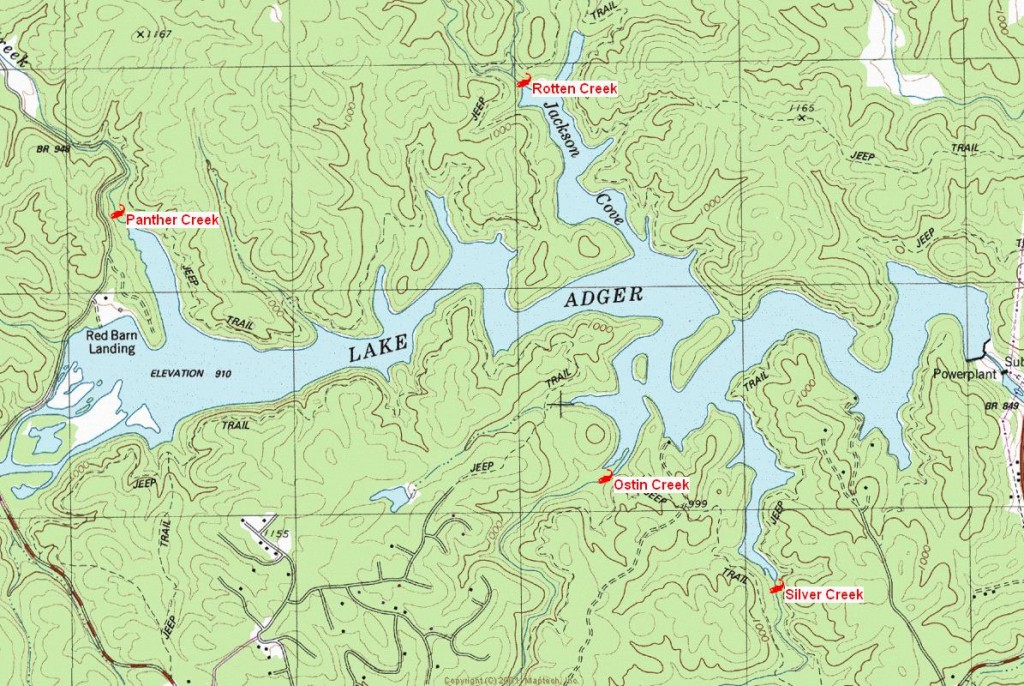 Tributary sampling sites on Lake Adger, Polk County.