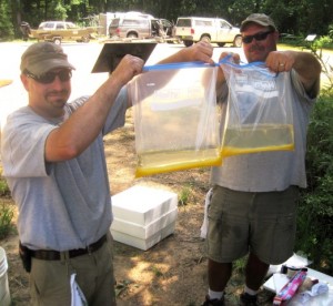 NCWRC McKinney Lake Hatchery staff, Doug Hinshaw (left) and Rick Bradford (right), in April 2014 with freshly fertilized Robust Redhorse eggs from the Pee Dee River. McKinney Lake Hatchery grew out one batch, while a second batch was reared in a SCDNR hatchery.