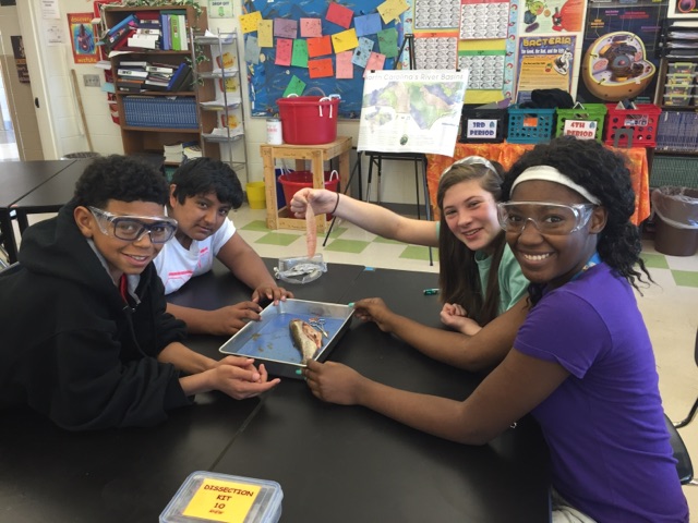 Fish dissection and anatomy lesson at Walkertown Middle School (by Brad Rhew)