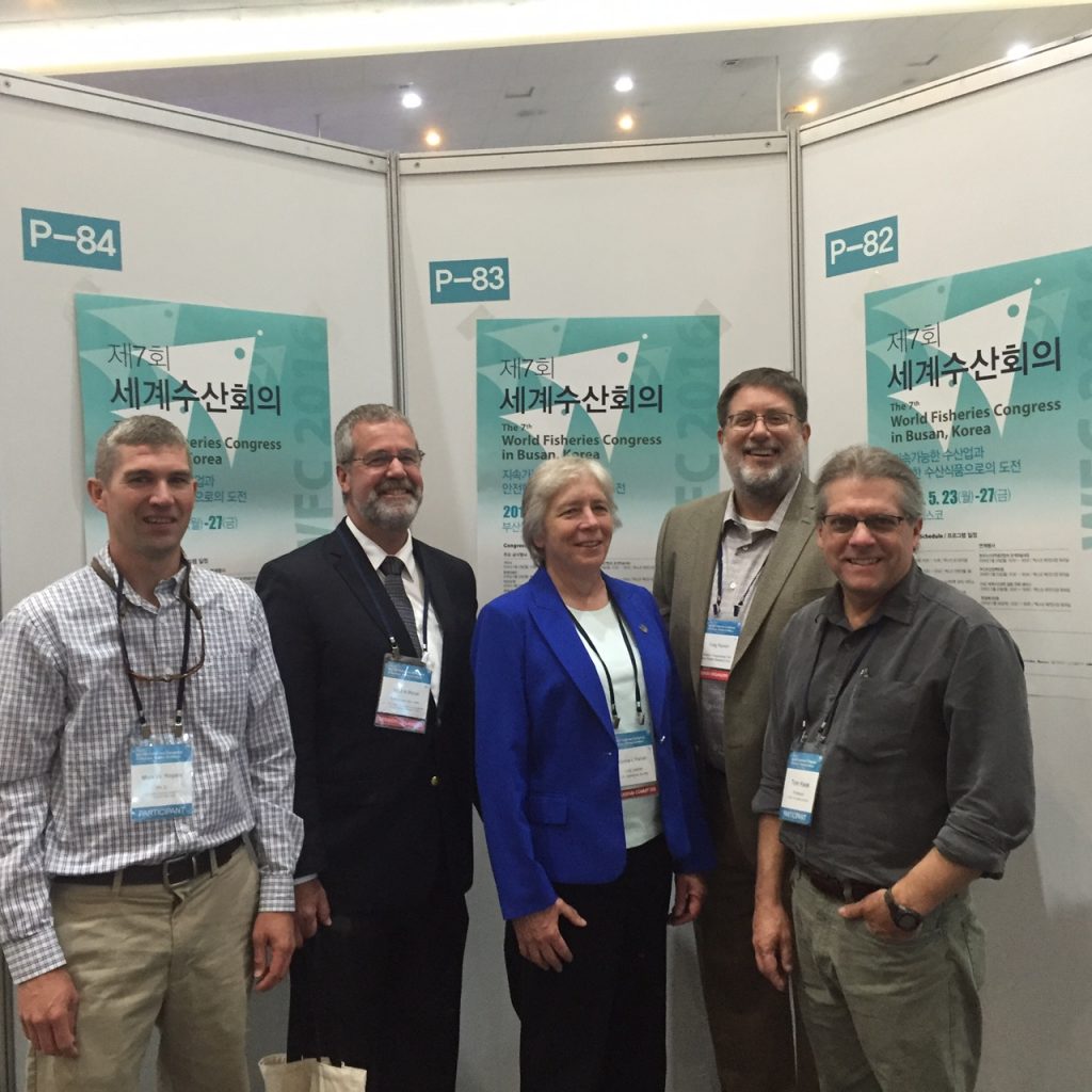 Tom Kwak joins fellow Cooperative Research Unit scientists (L-R) Mark Rogers, Scott Bonar, Donna Parrish (program chair), and Craig Paukert, at the 7th World Fisheries Congress in Busan, South Korea.